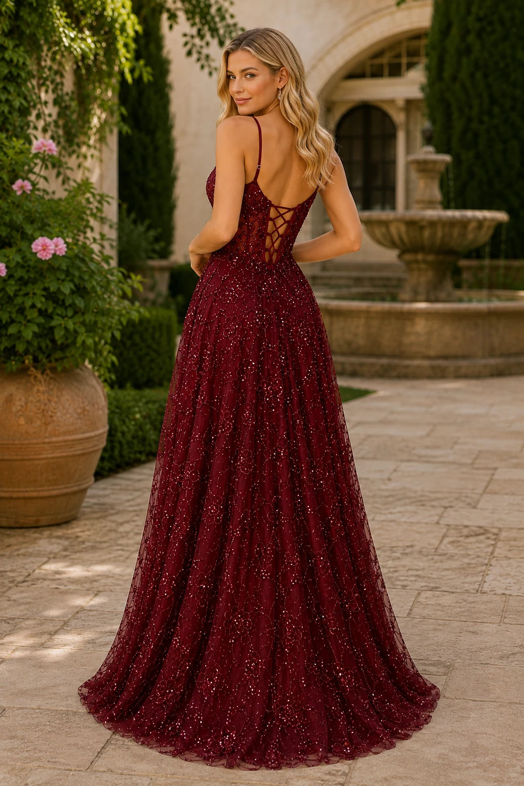 Quenora Sequin Plunge V-Neck A-Line Prom Dress with Slit - Burgundy back view | PromSpark