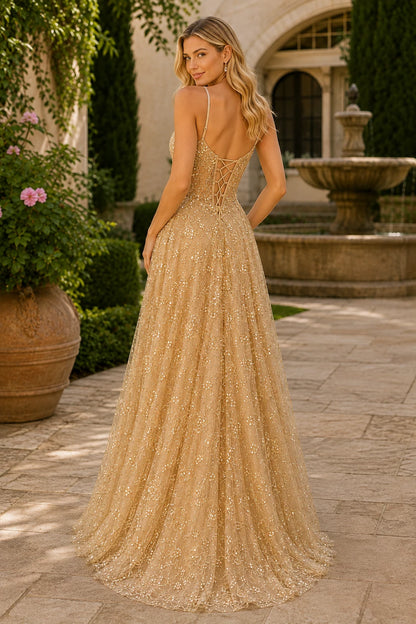 Quenora Sequin Plunge V-Neck A-Line Prom Dress with Slit - Champagne Gold back view | PromSpark