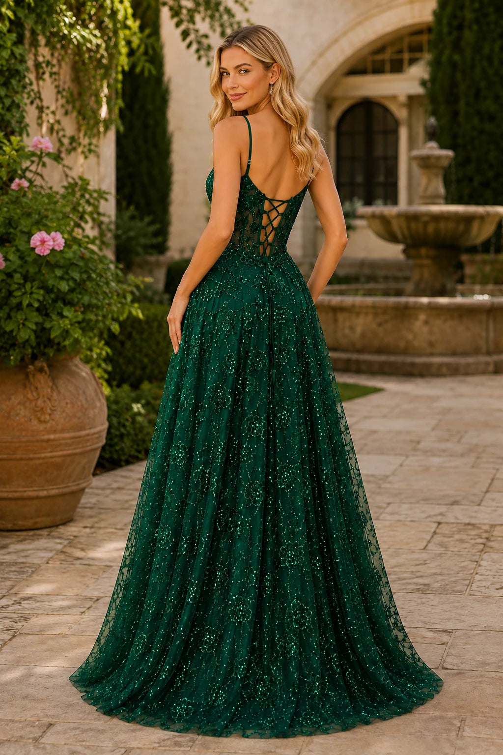 Quenora Sequin Plunge V-Neck A-Line Prom Dress with Slit - Emerald Green back view | PromSpark