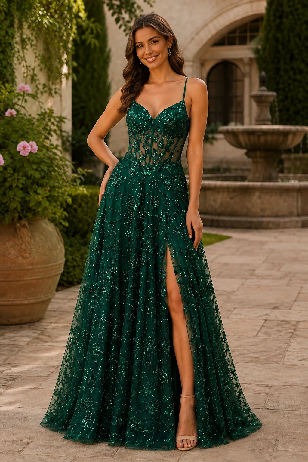 Quenora Sequin Plunge V-Neck A-Line Prom Dress with Slit - Emerald Green front view | PromSpark