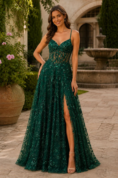Quenora Sequin Plunge V-Neck A-Line Prom Dress with Slit - Emerald Green front view | PromSpark
