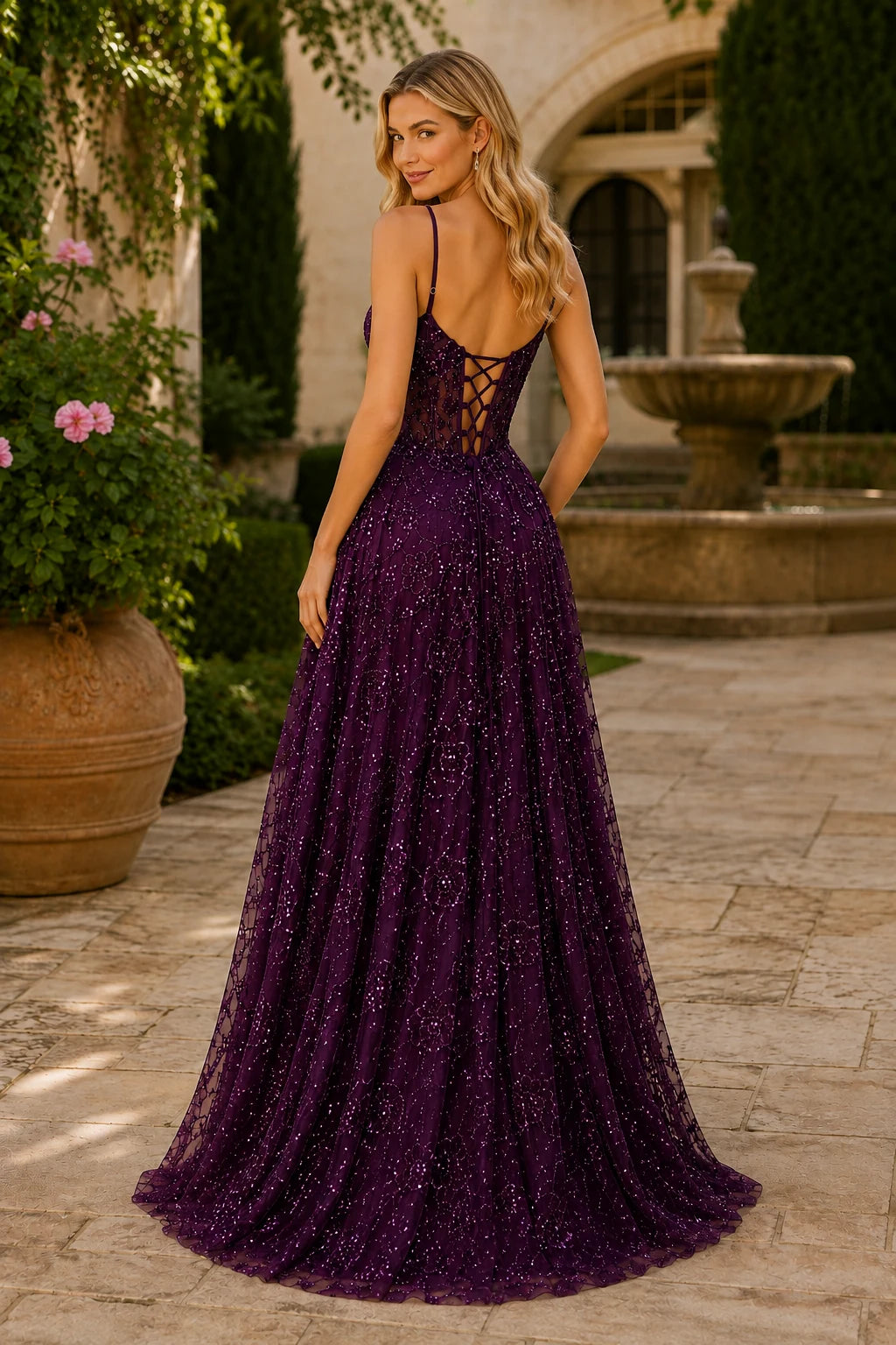 Quenora Sequin Plunge V-Neck A-Line Prom Dress with Slit - Gemstone Purple back view | PromSpark