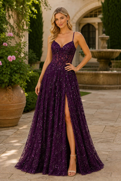 Quenora Sequin Plunge V-Neck A-Line Prom Dress with Slit - Gemstone Purple front view | PromSpark