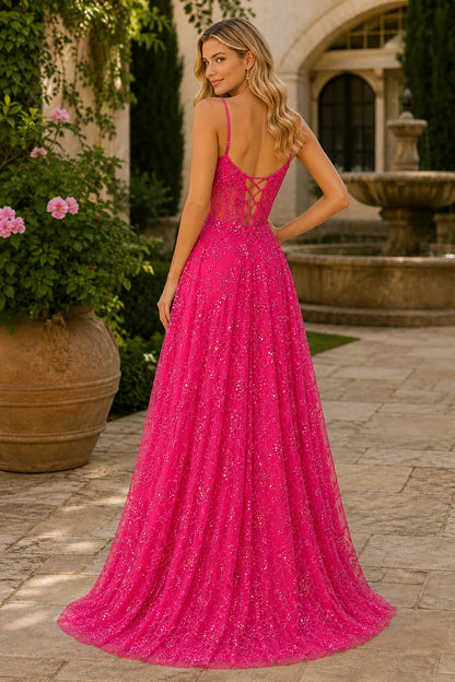 Quenora Sequin Plunge V-Neck A-Line Prom Dress with Slit - Hot Pink back view | PromSpark