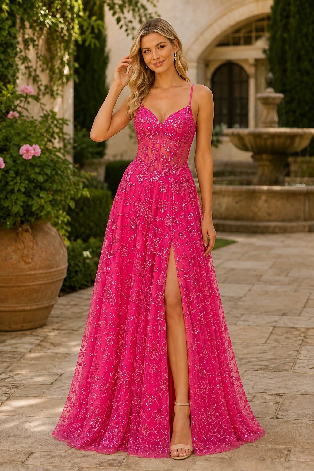 Quenora Sequin Plunge V-Neck A-Line Prom Dress with Slit - Hot Pink front view | PromSpark