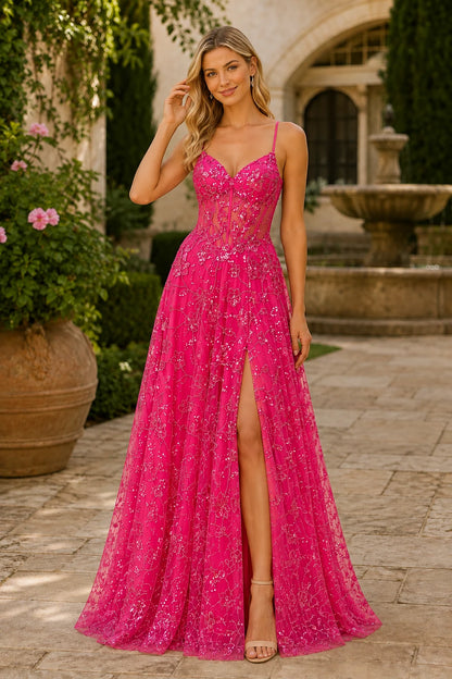 Quenora Sequin Plunge V-Neck A-Line Prom Dress with Slit - Hot Pink front view | PromSpark