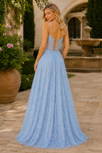Quenora Sequin Plunge V-Neck A-Line Prom Dress with Slit - Light Blue back view | PromSpark