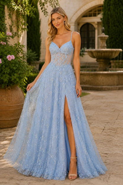 Quenora Sequin Plunge V-Neck A-Line Prom Dress with Slit - Light Blue front view | PromSpark