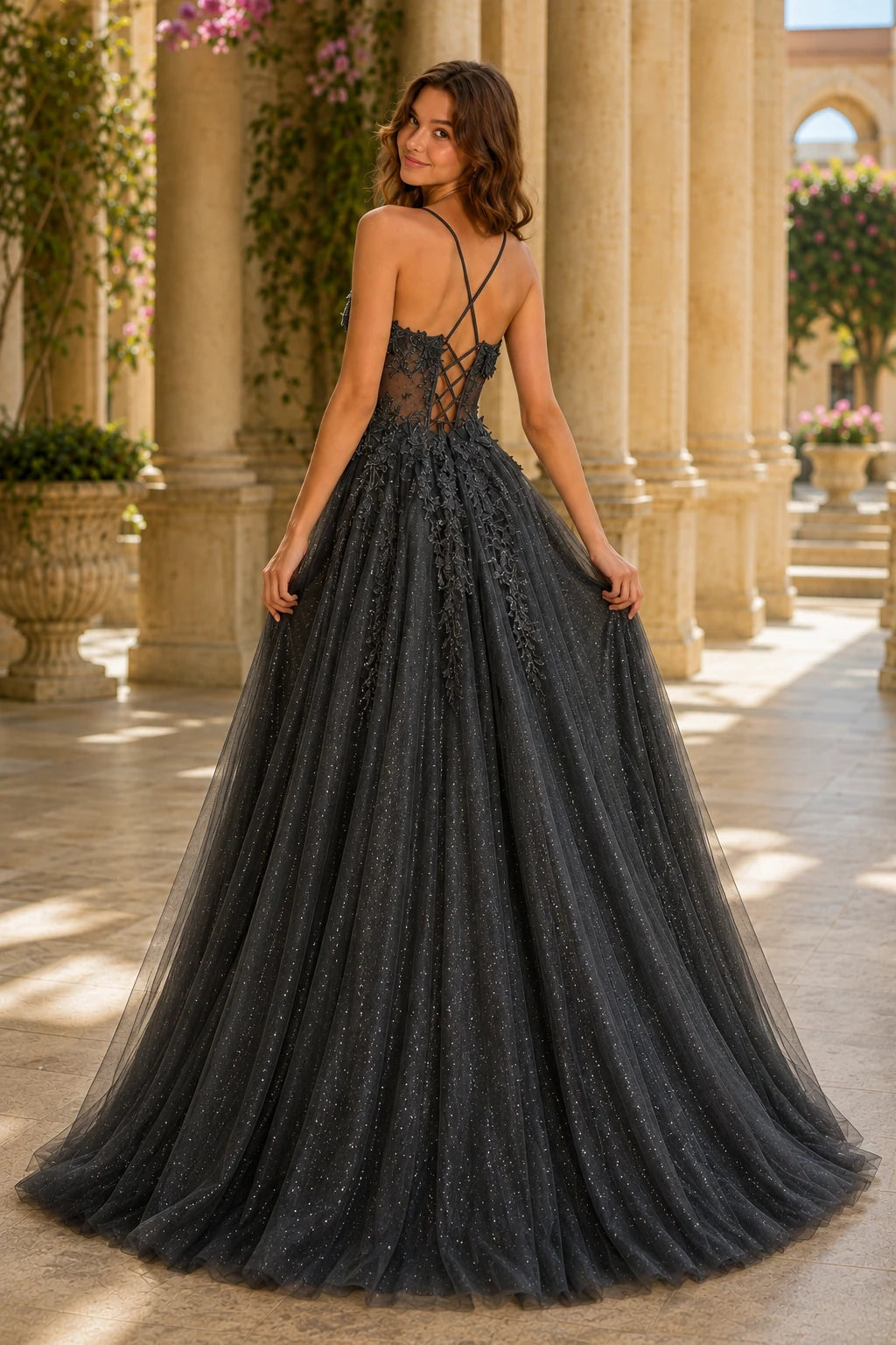 Pavelle Beaded Corset Tulle Ball Gown Prom Dress - Black back view | PromSpark