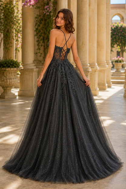 Pavelle Beaded Corset Tulle Ball Gown Prom Dress - Black back view | PromSpark