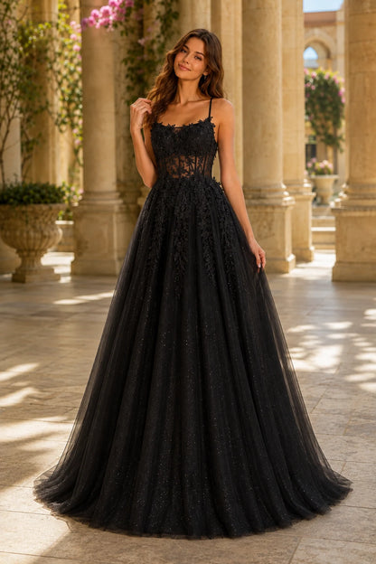 Pavelle Beaded Corset Tulle Ball Gown Prom Dress - Black front view | PromSpark