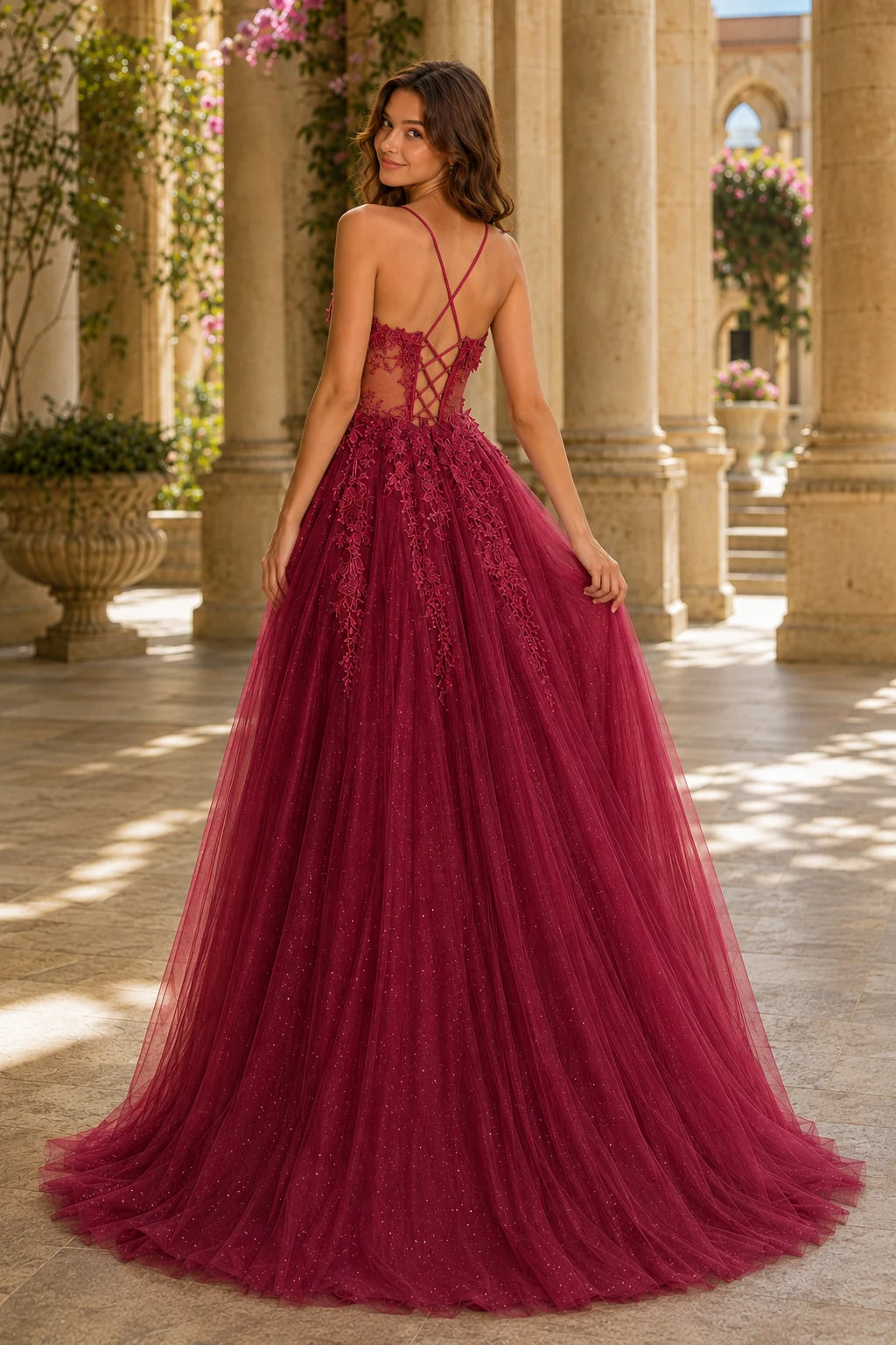 Pavelle Beaded Corset Tulle Ball Gown Prom Dress - Burgundy back view | PromSpark