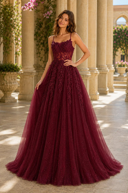 Pavelle Beaded Corset Tulle Ball Gown Prom Dress - Burgundy front view | PromSpark