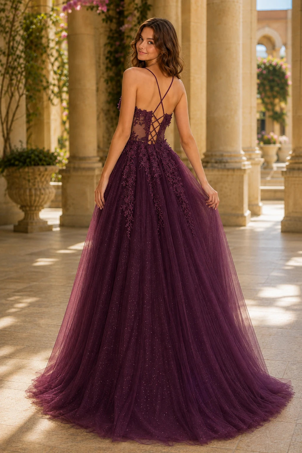 Pavelle Beaded Corset Tulle Ball Gown Prom Dress - Champagne Gold back view | PromSpark