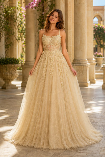 Pavelle Beaded Corset Tulle Ball Gown Prom Dress - Champagne Gold front view | PromSpark