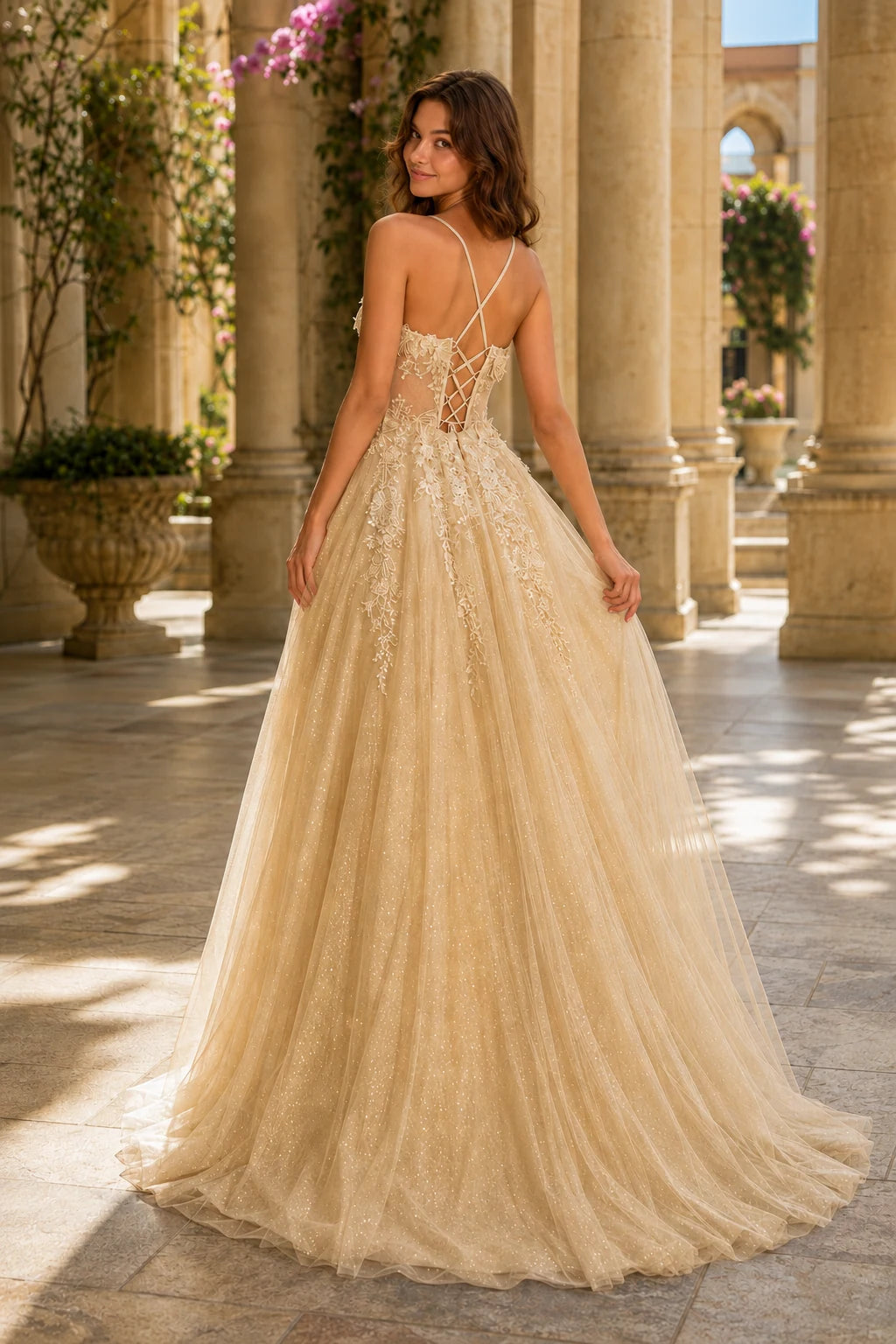 Pavelle Beaded Corset Tulle Ball Gown Prom Dress - Chocolate Brown back view | PromSpark