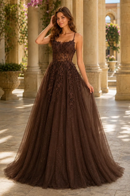 Pavelle Beaded Corset Tulle Ball Gown Prom Dress - Chocolate Brown front view | PromSpark