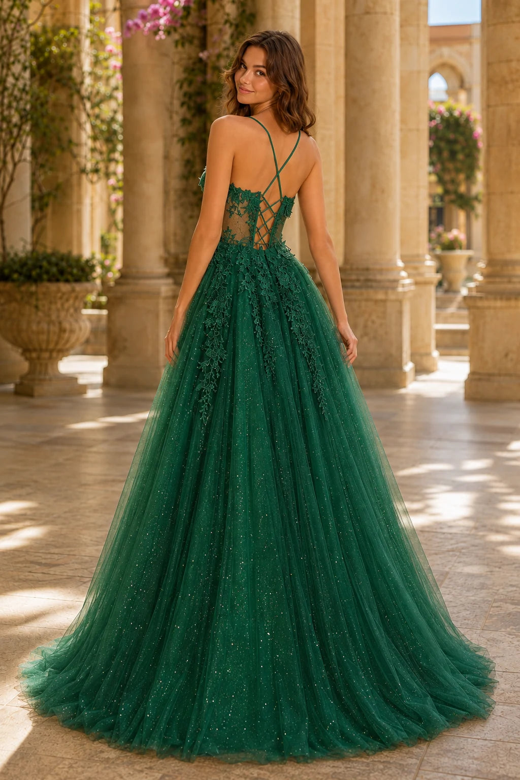 Pavelle Beaded Corset Tulle Ball Gown Prom Dress - Emerald Green back view | PromSpark