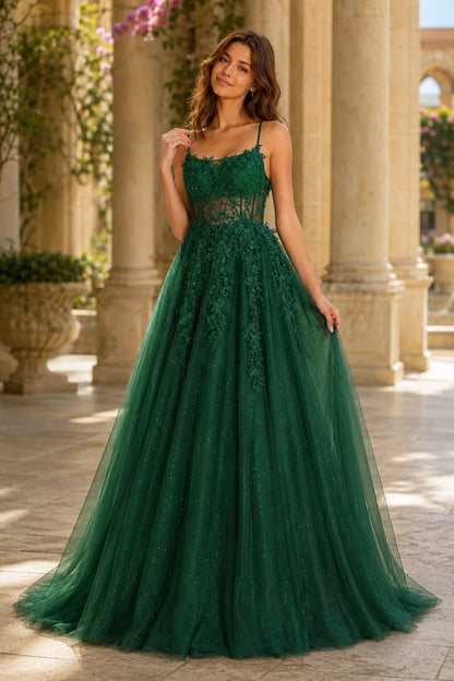 Pavelle Beaded Corset Tulle Ball Gown Prom Dress - Emerald Green front view | PromSpark