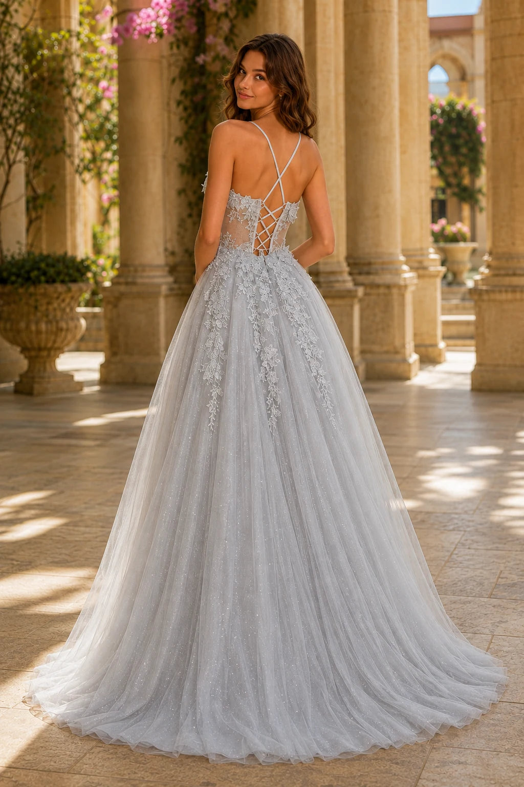 Pavelle Beaded Corset Tulle Ball Gown Prom Dress - Gemstone Purple back view | PromSpark