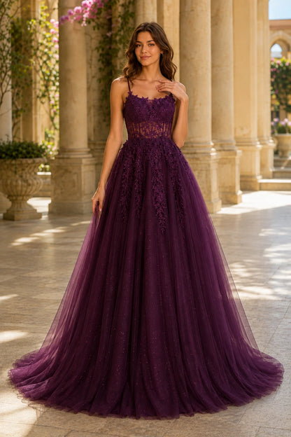 Pavelle Beaded Corset Tulle Ball Gown Prom Dress - Gemstone Purple front view | PromSpark