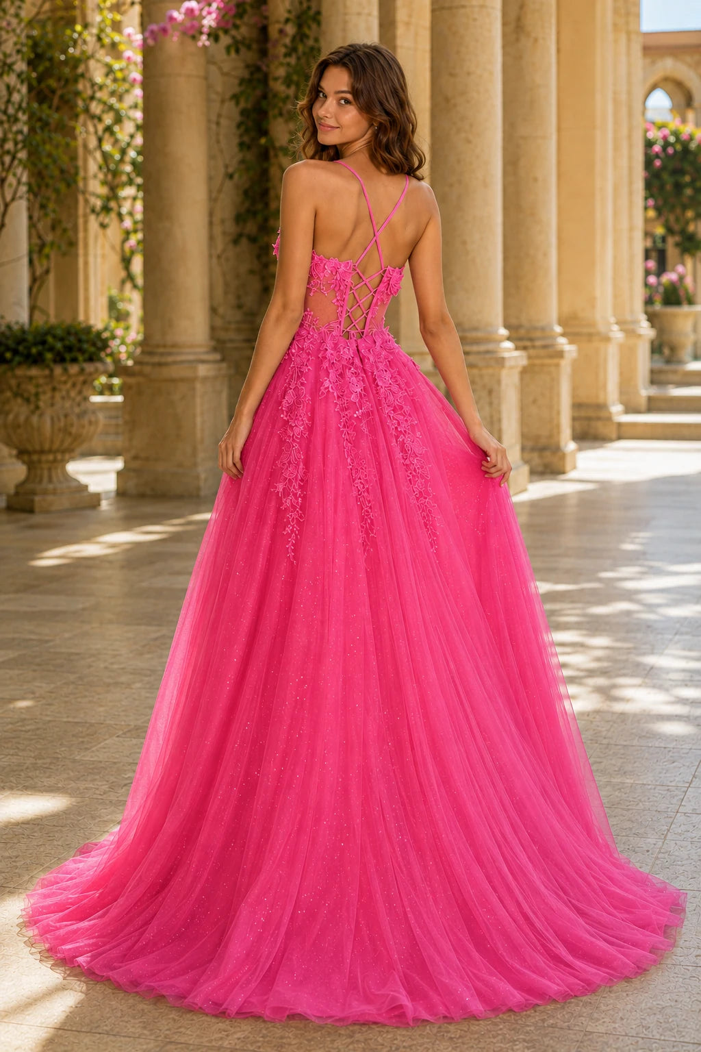 Pavelle Beaded Corset Tulle Ball Gown Prom Dress - Hot Pink back view | PromSpark