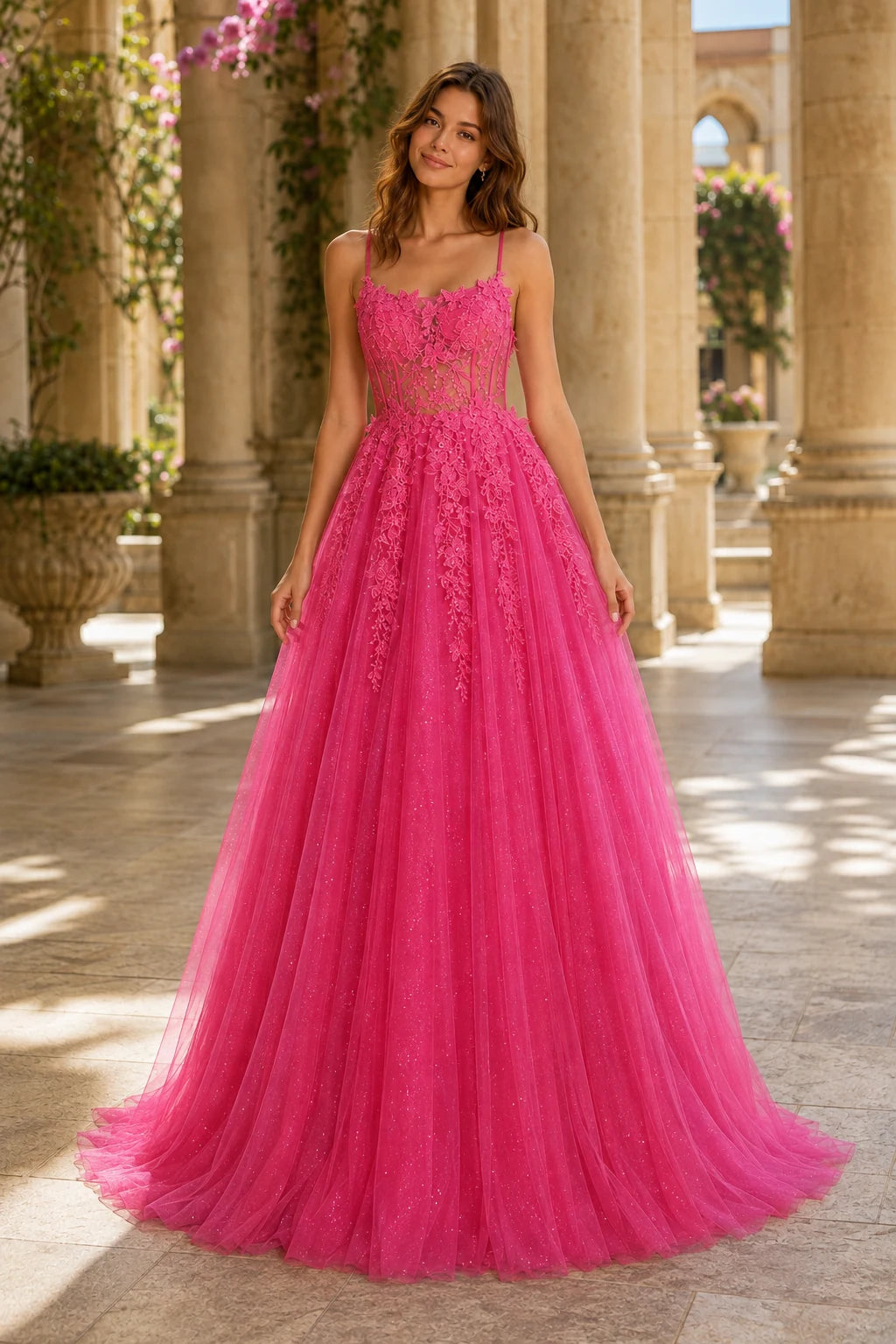 Pavelle Beaded Corset Tulle Ball Gown Prom Dress - Hot Pink front view | PromSpark