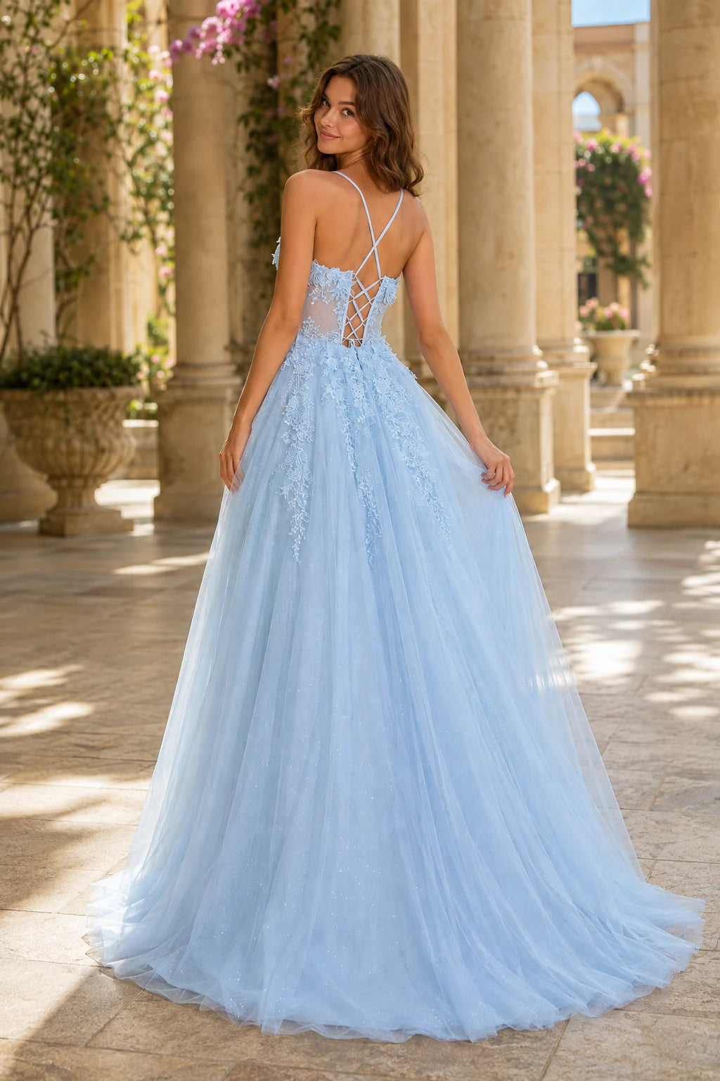 Pavelle Beaded Corset Tulle Ball Gown Prom Dress - Light Blue back view | PromSpark