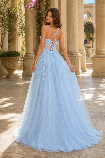 Pavelle Beaded Corset Tulle Ball Gown Prom Dress - Light Blue back view | PromSpark