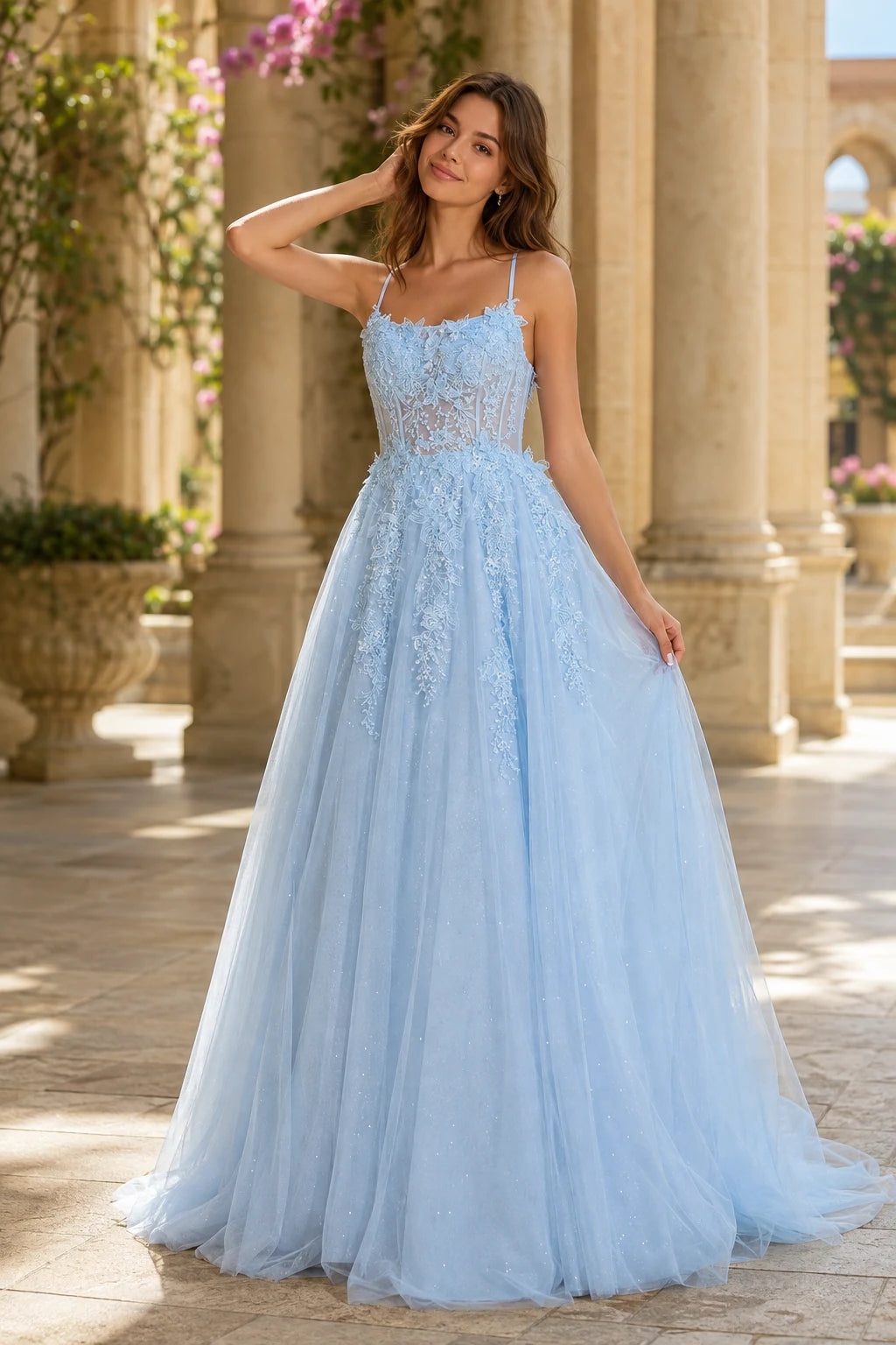 Pavelle Beaded Corset Tulle Ball Gown Prom Dress - Light Blue front view | PromSpark