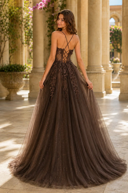 Pavelle Beaded Corset Tulle Ball Gown Prom Dress - Metallic Silver back view | PromSpark