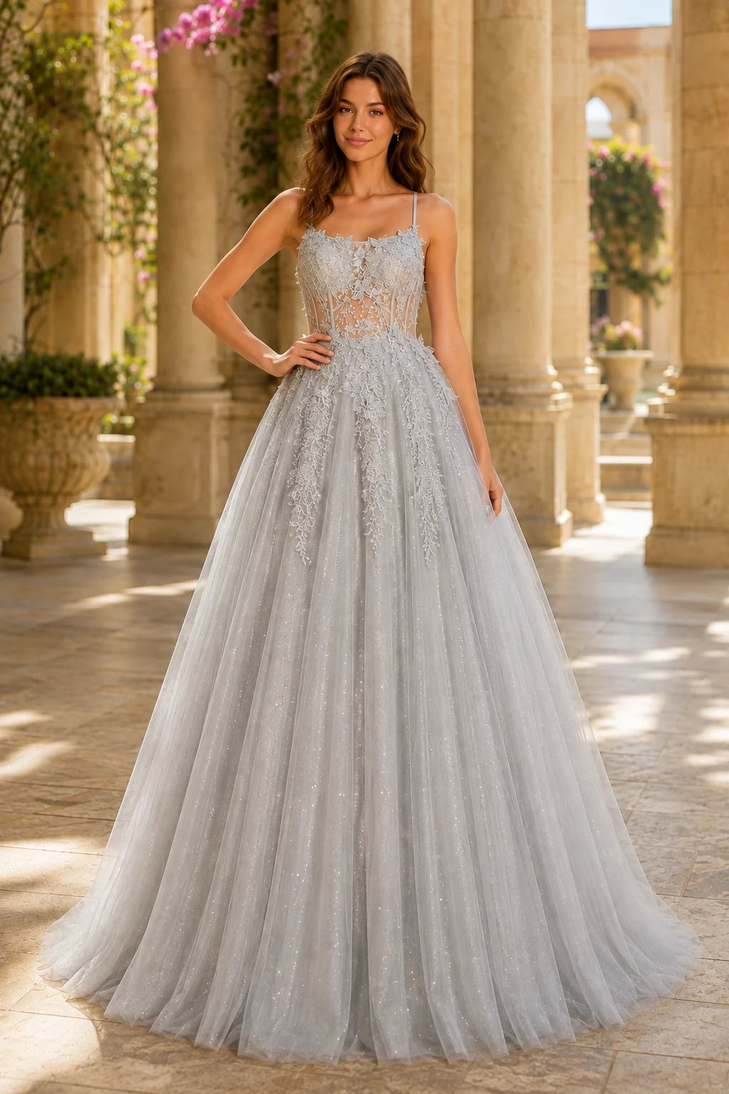 Pavelle Beaded Corset Tulle Ball Gown Prom Dress - Metallic Silver front view | PromSpark