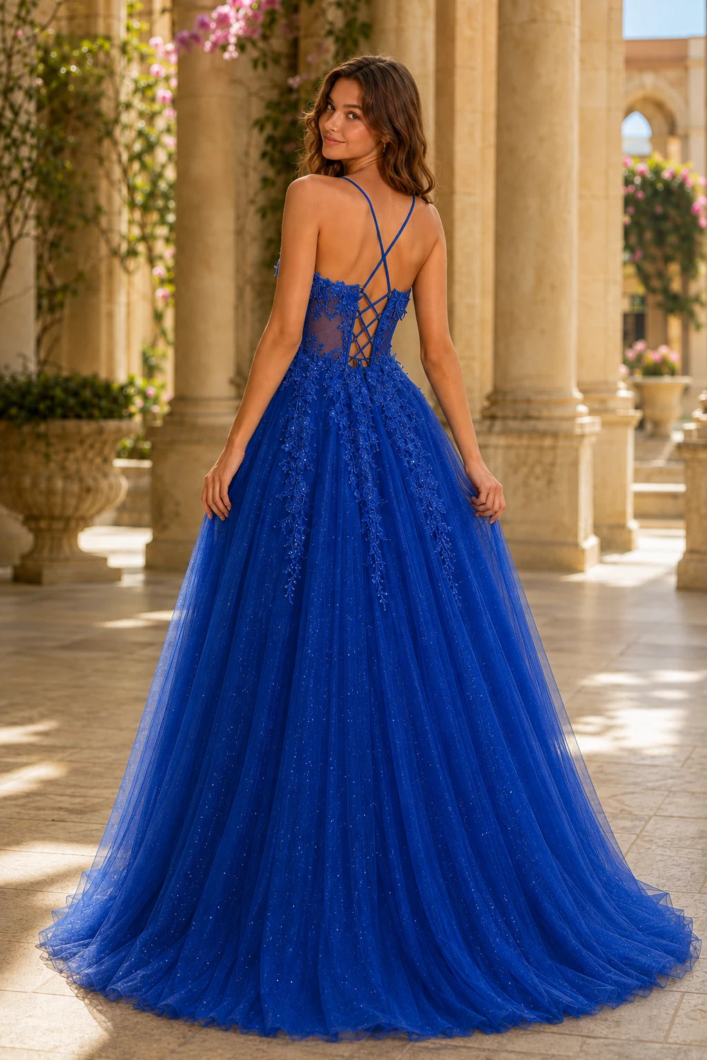 Pavelle Beaded Corset Tulle Ball Gown Prom Dress - Royal Blue back view | PromSpark