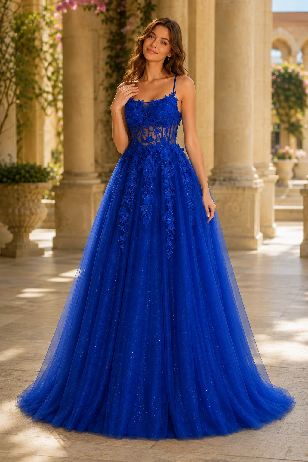 Pavelle Beaded Corset Tulle Ball Gown Prom Dress - Royal Blue front view | PromSpark