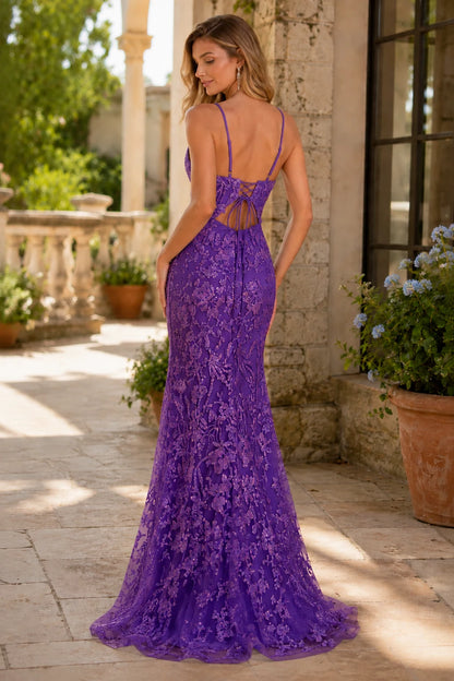 Marvella Spaghetti Strap Lace Mermaid Prom Dress with Slit - Gemstone Purple back view | PromSpark