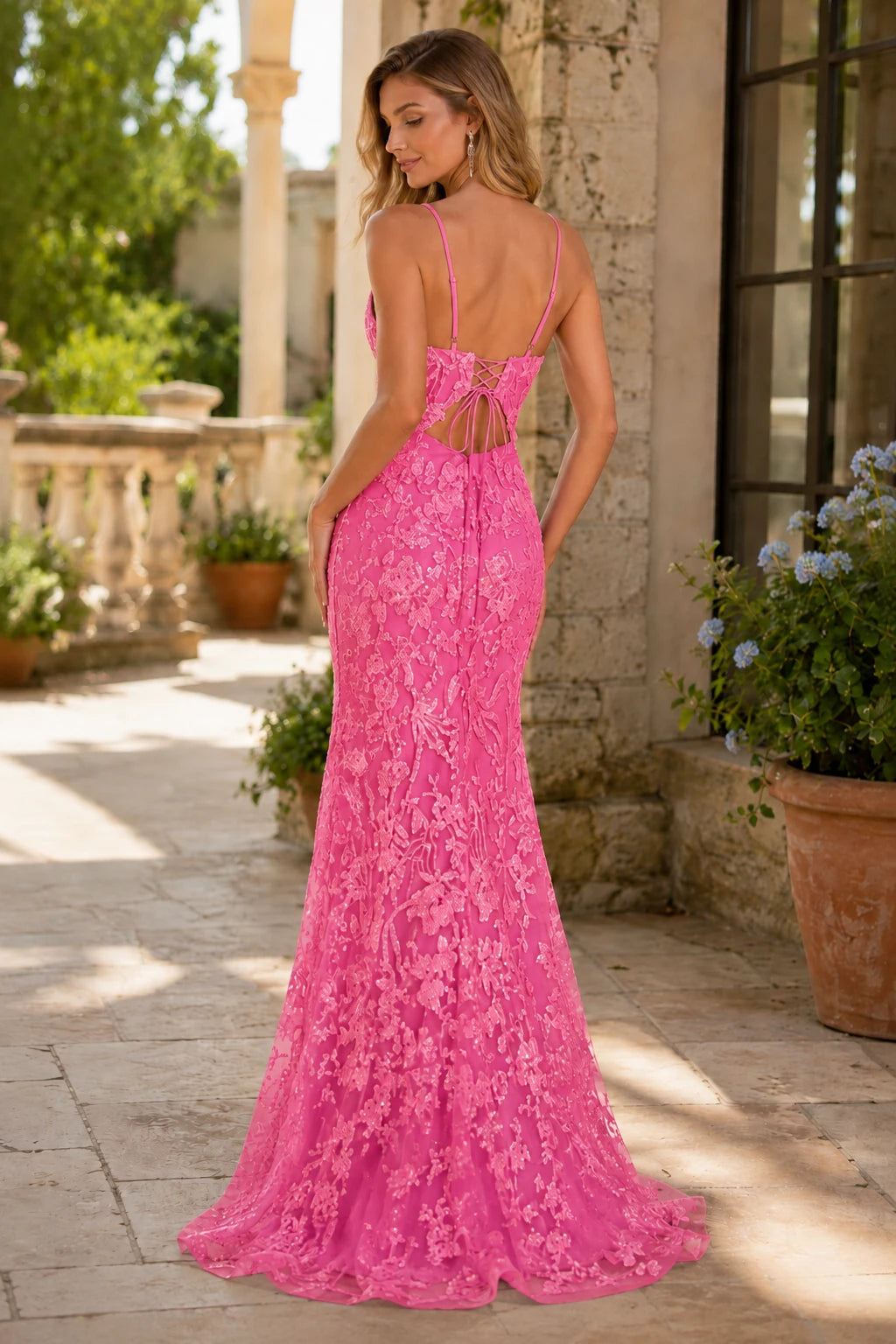 Marvella Spaghetti Strap Lace Mermaid Prom Dress with Slit - Hot Pink back view | PromSpark