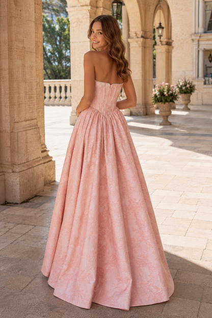 Sabine Corset Satin A-Line Prom Dress with Slit in Blush Pink - back view