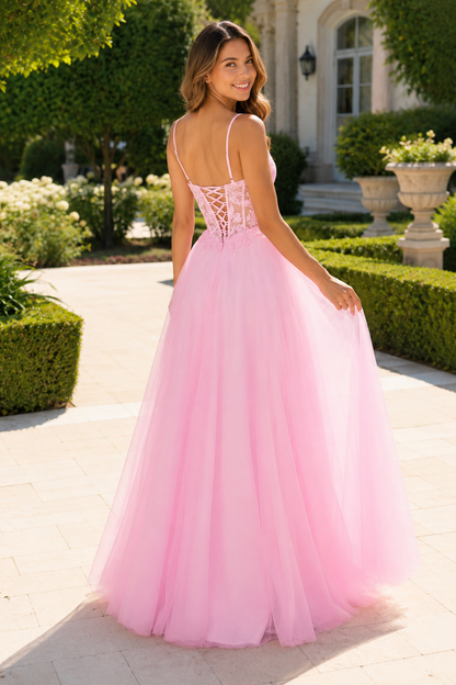 Solara Sweetheart Corset Tulle Ball Gown Prom Dress in Blush Pink - back view
