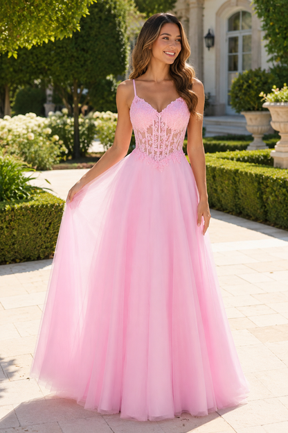 Solara Sweetheart Corset Tulle Ball Gown Prom Dress in Blush Pink - front view