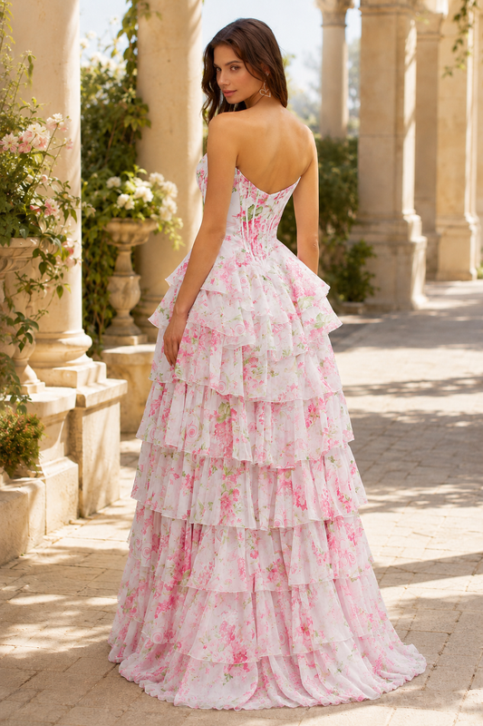 Valentina Strapless Tiered Floral Ball Gown Prom Dress in Pink Floral - back view