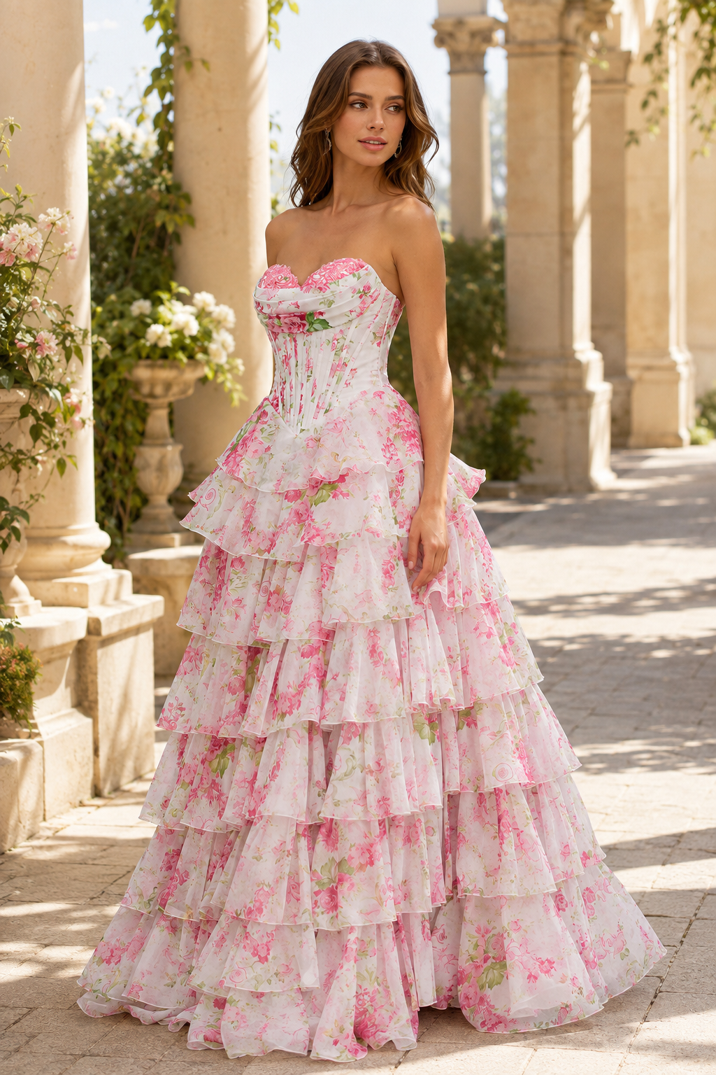 Valentina Strapless Tiered Floral Ball Gown Prom Dress in Pink Floral - front view