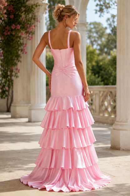 Vivienne Strapless Tiered Ruffle Prom Dress with Slit in Blush Pink - back view