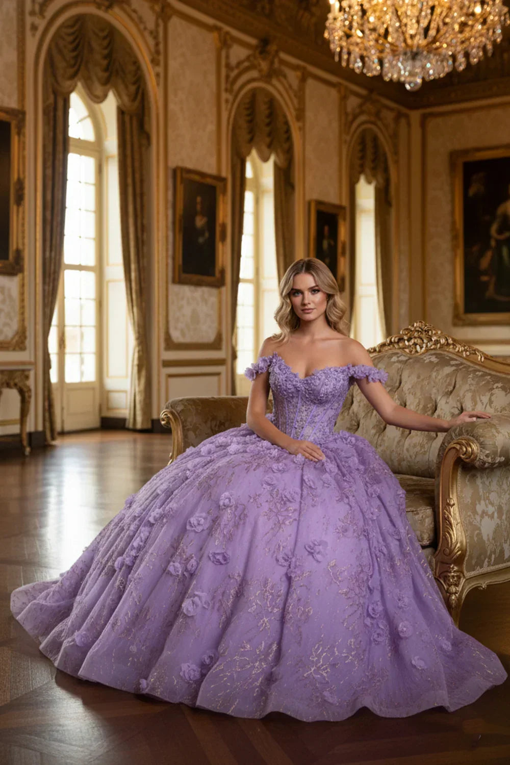 Oriana 3D Floral Ball Gown Off-the-shoulder Quinceañera Dress With Gold Accents in Purple - product view