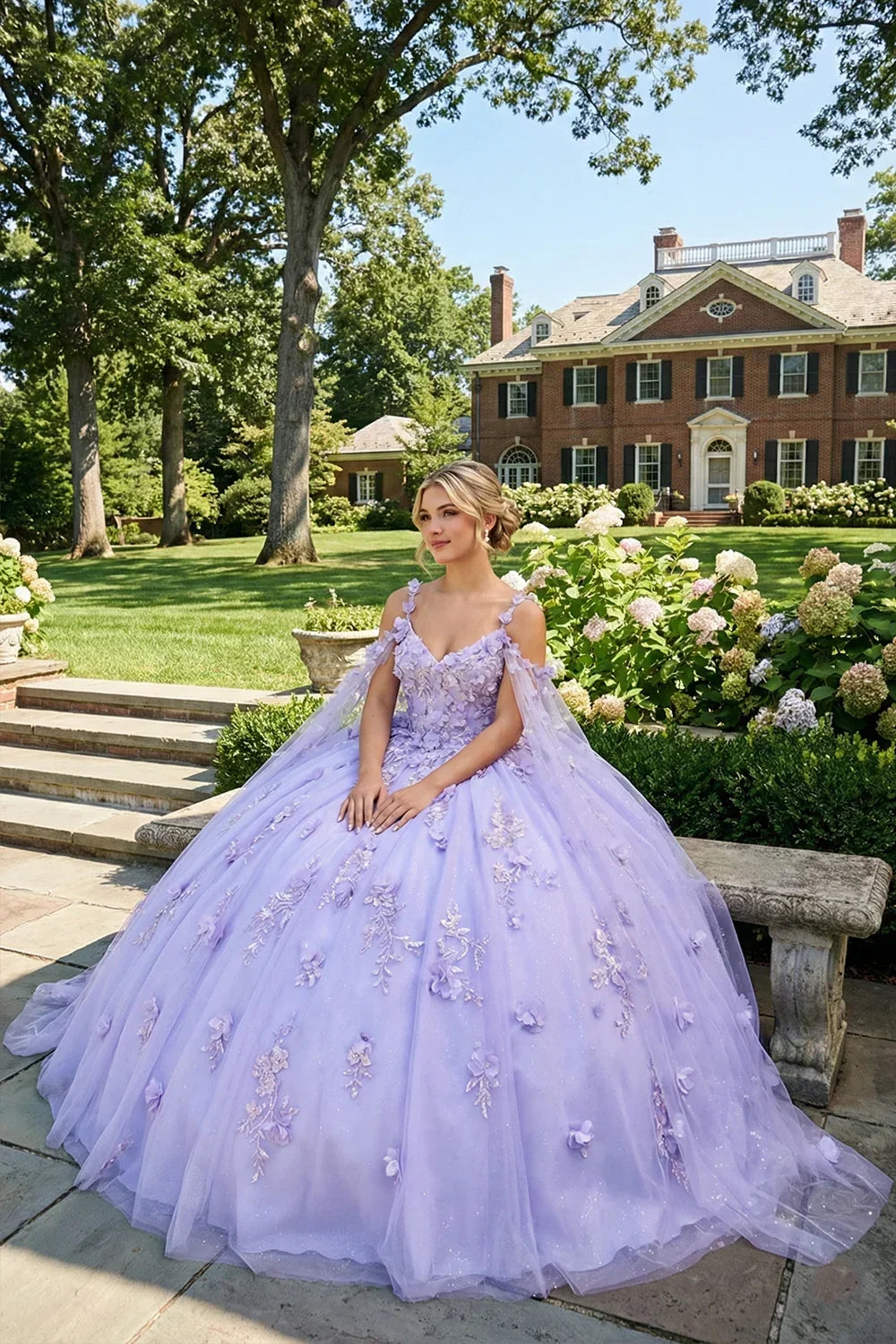 Rosalinda Charming Ball Gown Cold Shoulder Quinceañera Dress With 3D Floral and Sheer Cape in Purple - product view
