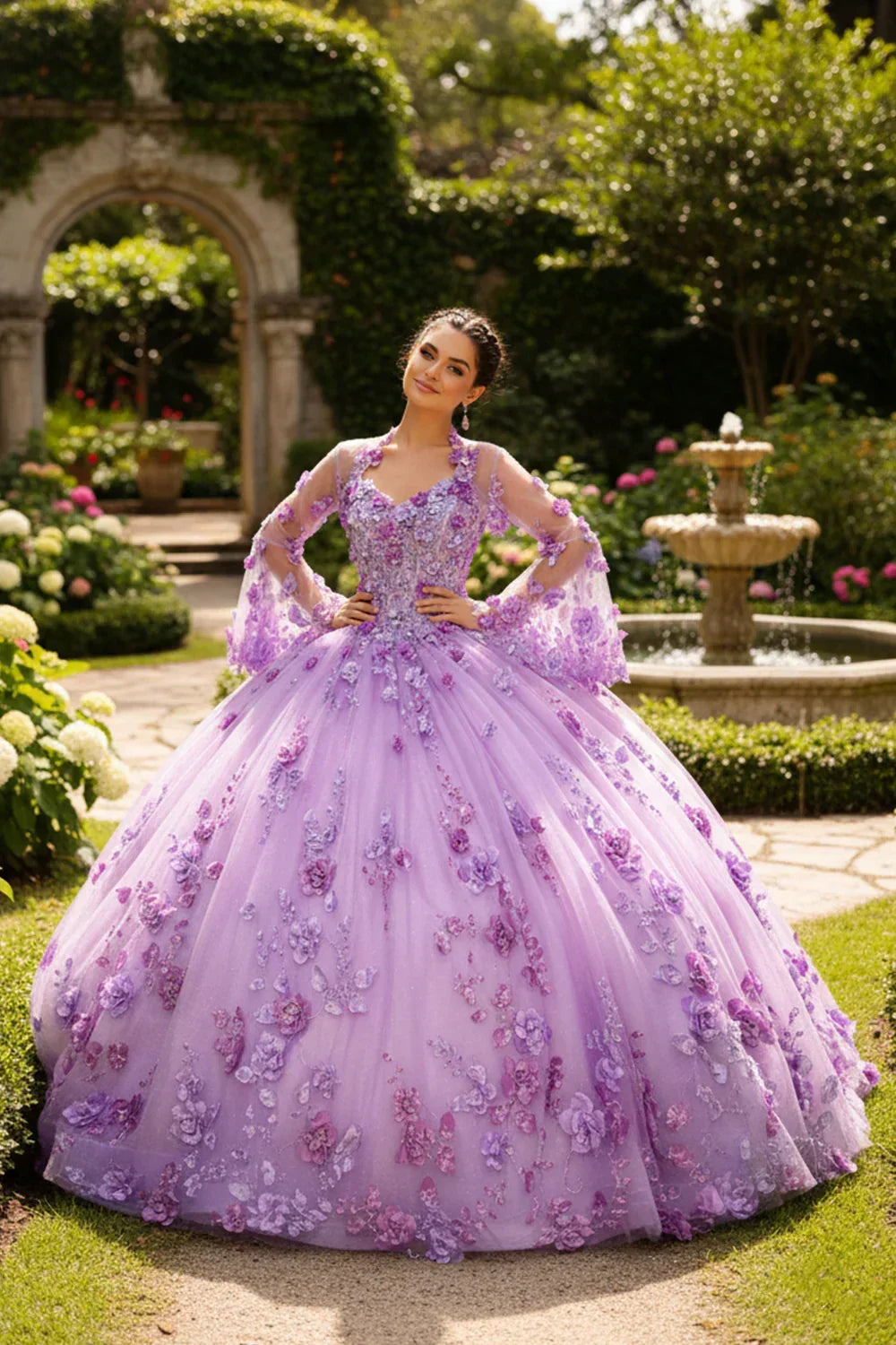 Antonella Charming Ball Gown Illusion Neck Quinceañera Dress With 3D Floral & Lace in Purple - product view