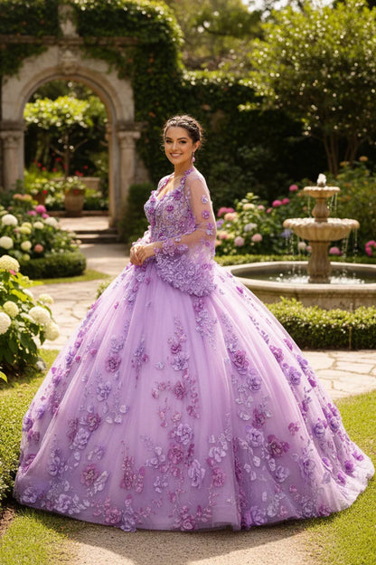 Antonella Charming Ball Gown Illusion Neck Quinceañera Dress With 3D Floral & Lace in Purple - product view