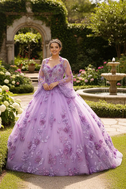 Antonella Charming Ball Gown Illusion Neck Quinceañera Dress With 3D Floral & Lace in Purple - product view