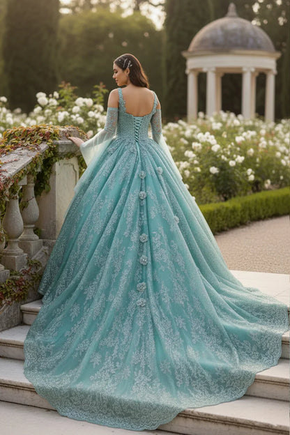 Celestina Elegant Ball Gown Cold Shoulder Quinceañera Dress With Floral Embroidery & Button Detail - product view