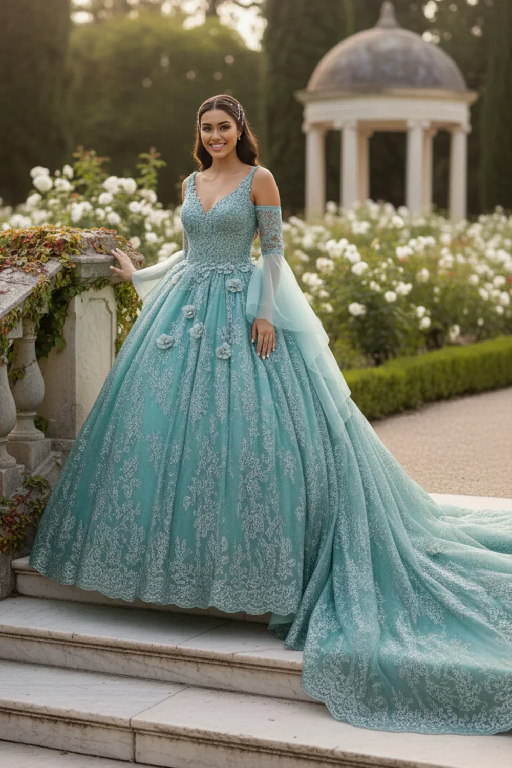 Celestina Elegant Ball Gown Cold Shoulder Quinceañera Dress With Floral Embroidery & Button Detail - product view