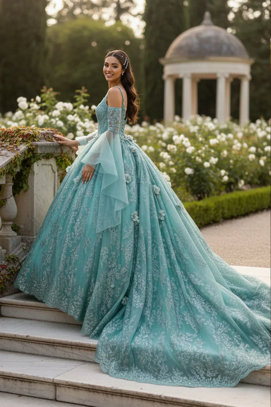 Celestina Elegant Ball Gown Cold Shoulder Quinceañera Dress With Floral Embroidery & Button Detail - product view